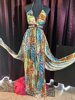 Colorful Multi Animal Print Long Dress (Sun suit) Stones on Belt - NEW